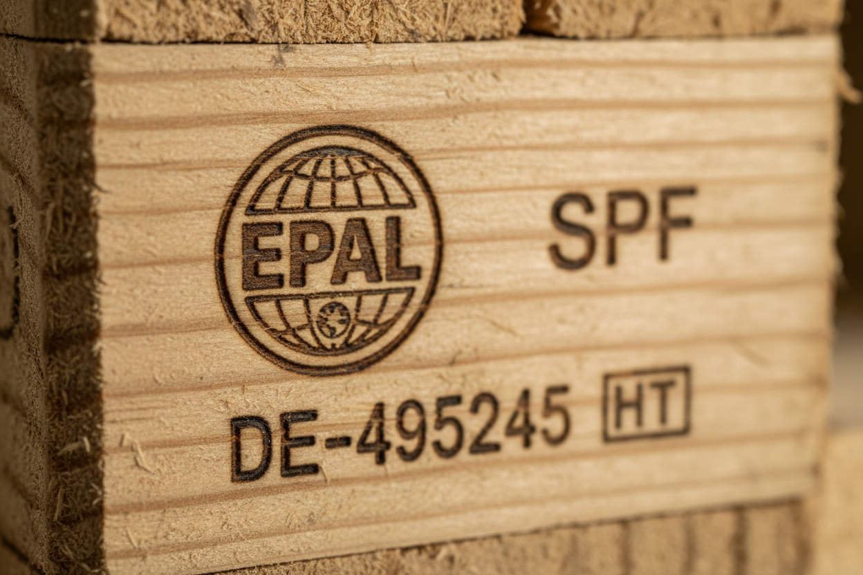 Close-up of EPAL-stamped block face showing quality mark, species designation, and facility code