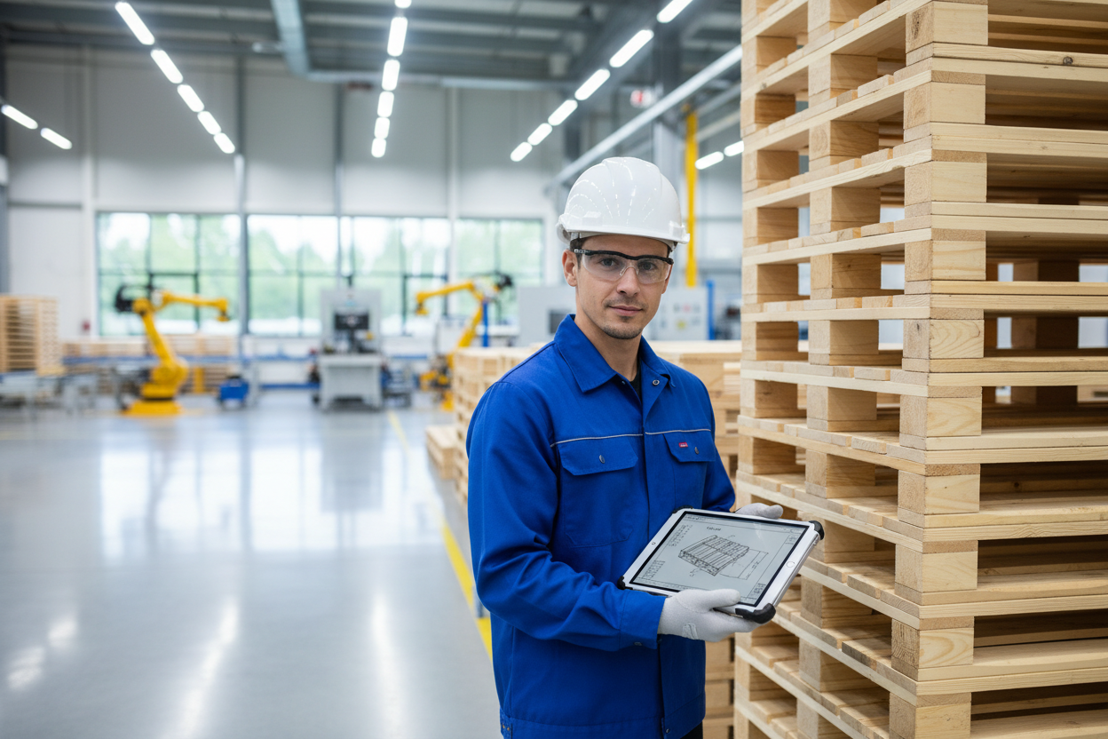 Engineer reviewing custom pallet drawing on tablet in manufacturing facility