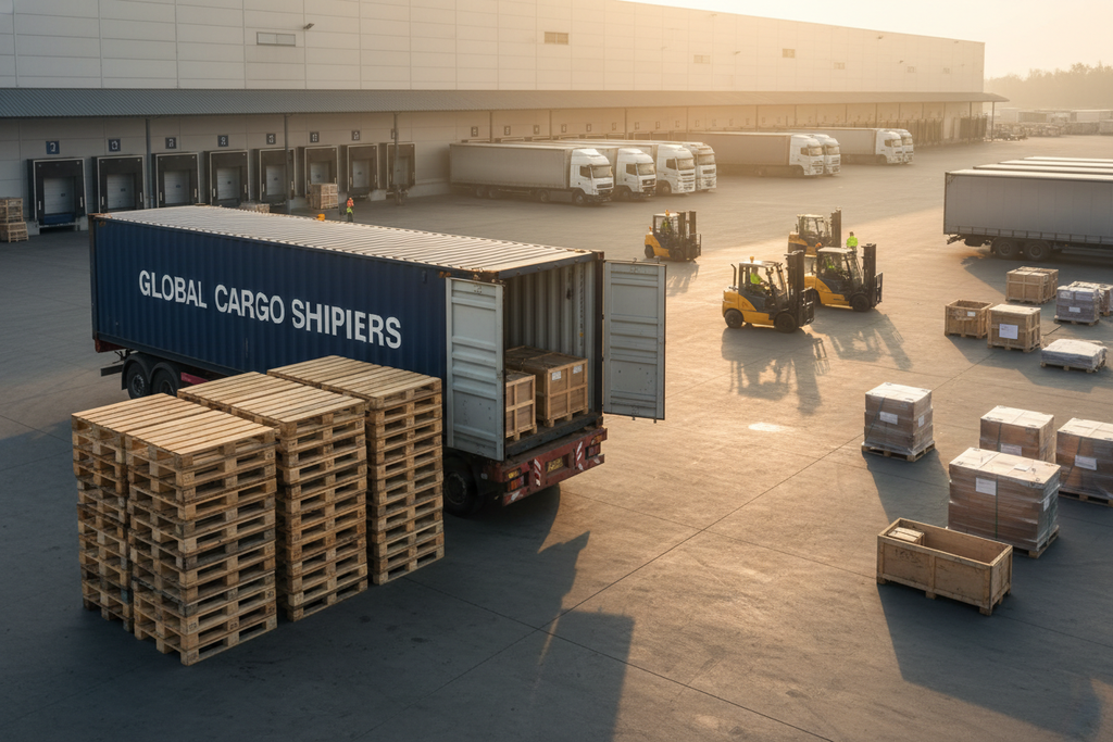 Euro EPAL pallets stacked four-high beside shipping container at freight staging area