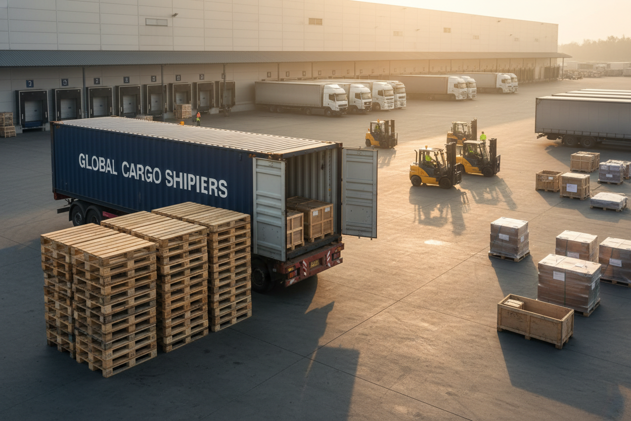 Euro EPAL pallets stacked four-high beside shipping container at freight staging area