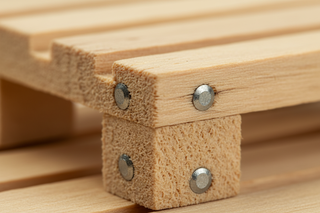Close-up of mini pallet stringer profile with ring-shank nails and tight Pine grain