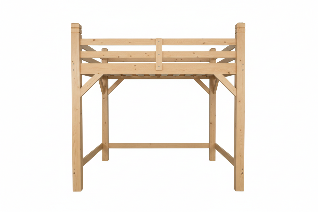 Full-Size Loft Bed Frame studio shot showing full height and open workspace below