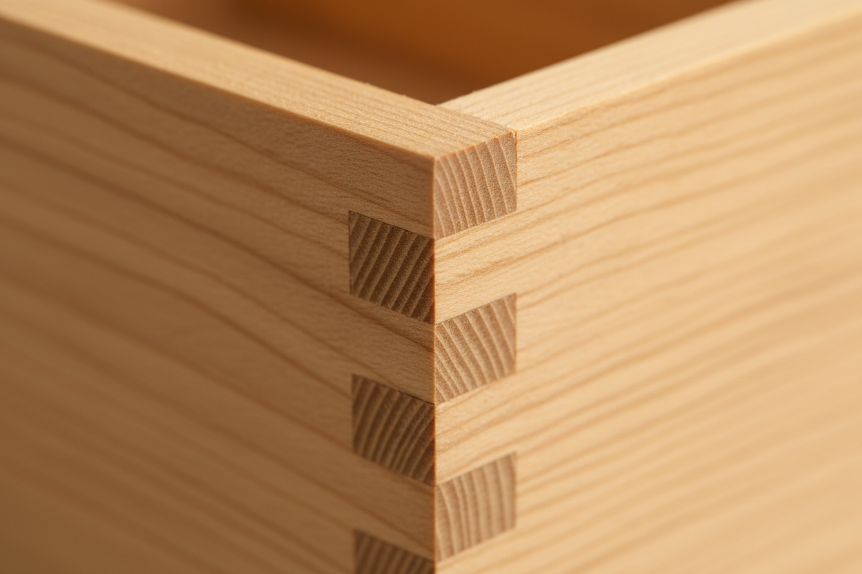 Close-up of box-joint finger joint drawer corner on solid SPF drawer box