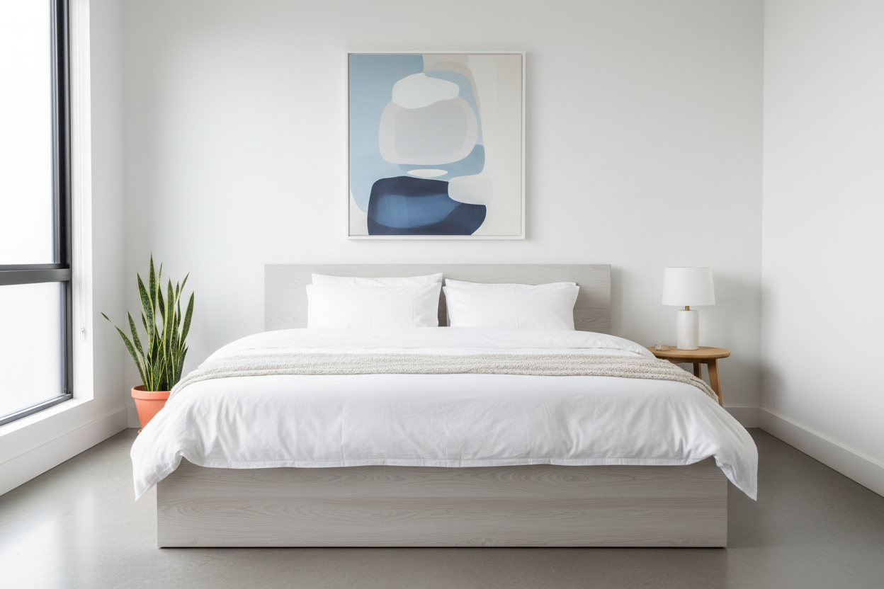 Contemporary Minimalist King Bed Frame in a modern minimalist bedroom