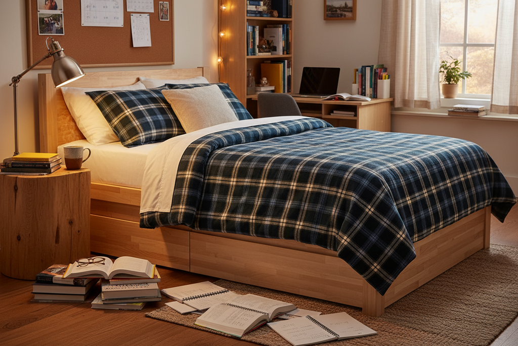 Full Platform Bed Frame in a college dorm room with plaid comforter and task lamp