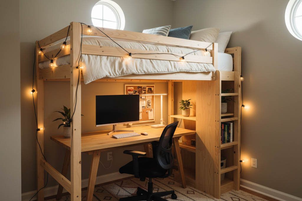 Full-Size Loft Bed Frame in studio apartment with desk and task chair underneath