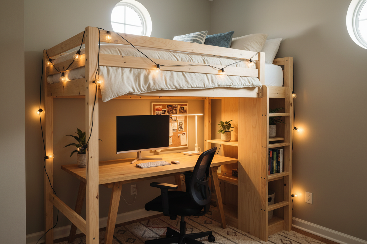 Full-Size Loft Bed Frame in studio apartment with desk and task chair underneath
