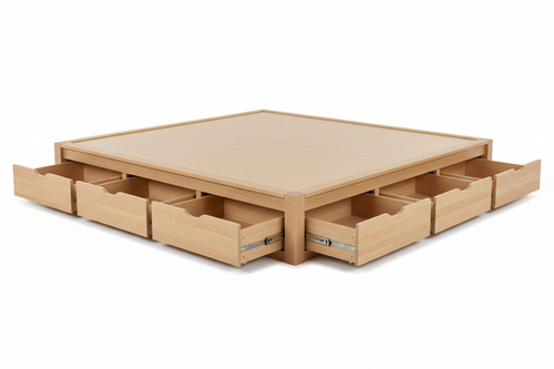 California King Storage Platform Bed Frame with all six drawers open