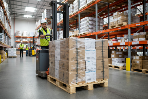 Pallet jack entering side of SPF block pallet in retail warehouse