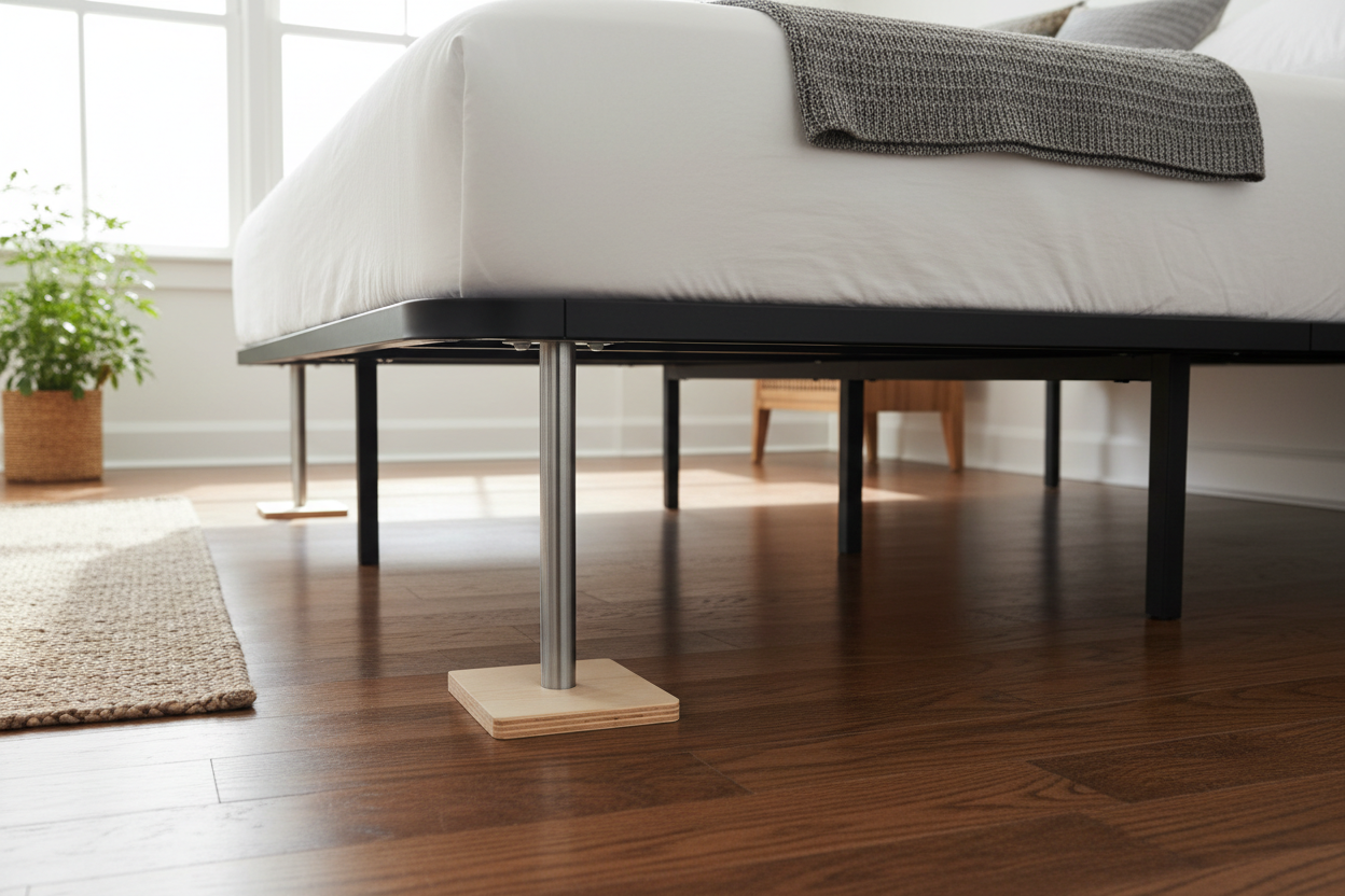 Center support leg installed under queen platform frame, low-angle view