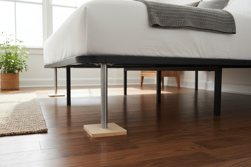 Center support leg installed under queen platform frame, low-angle view