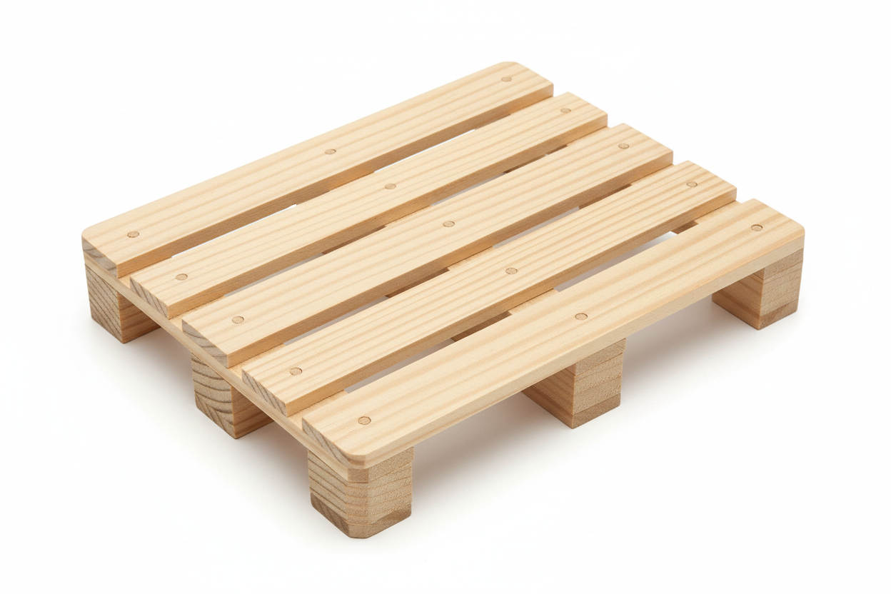 Mini solid Pine display pallet overhead view showing all boards and stringers