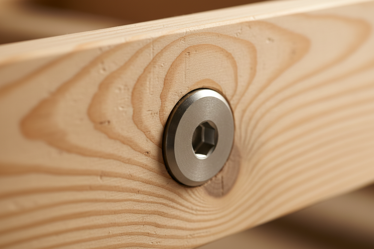 Close-up of through-bolt rail connector on Full Platform Bed Frame