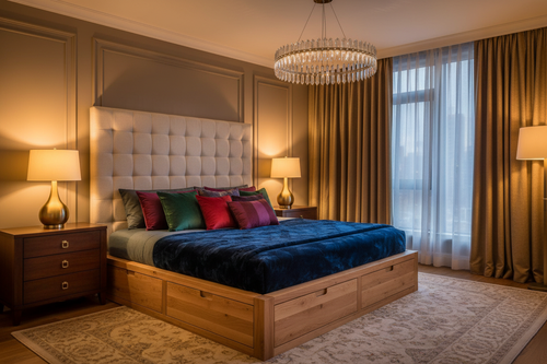 California King Storage Platform Bed Frame in a luxurious master bedroom