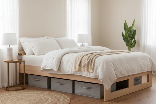 Adjustable-Height Bed Frame at low setting with storage bins underneath