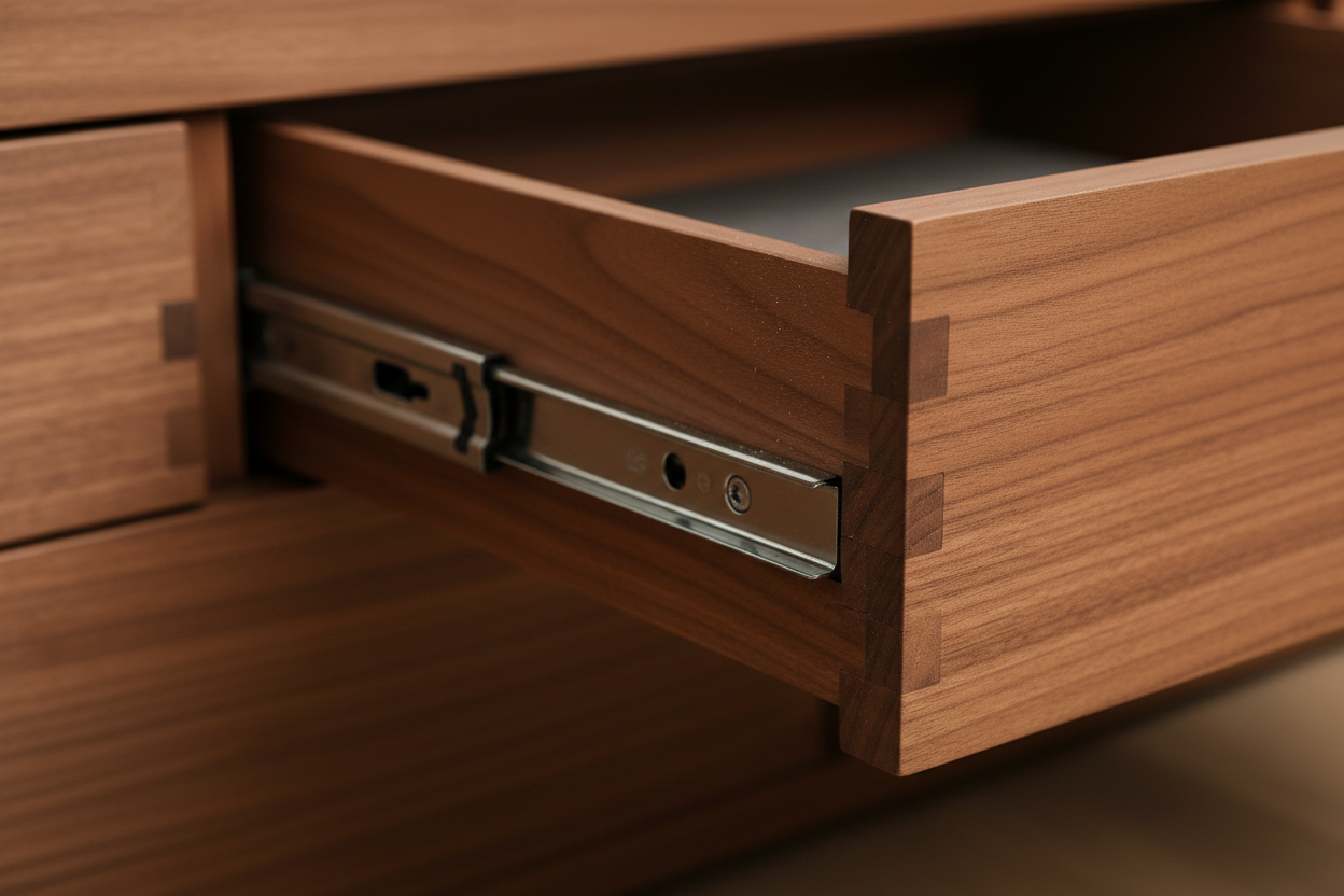 Close-up of soft-close drawer slide and dovetail drawer box
