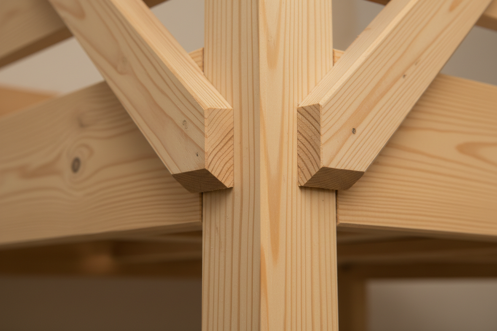 Close-up of mortised diagonal knee brace on Full-Size Loft Bed Frame 4x4 corner post
