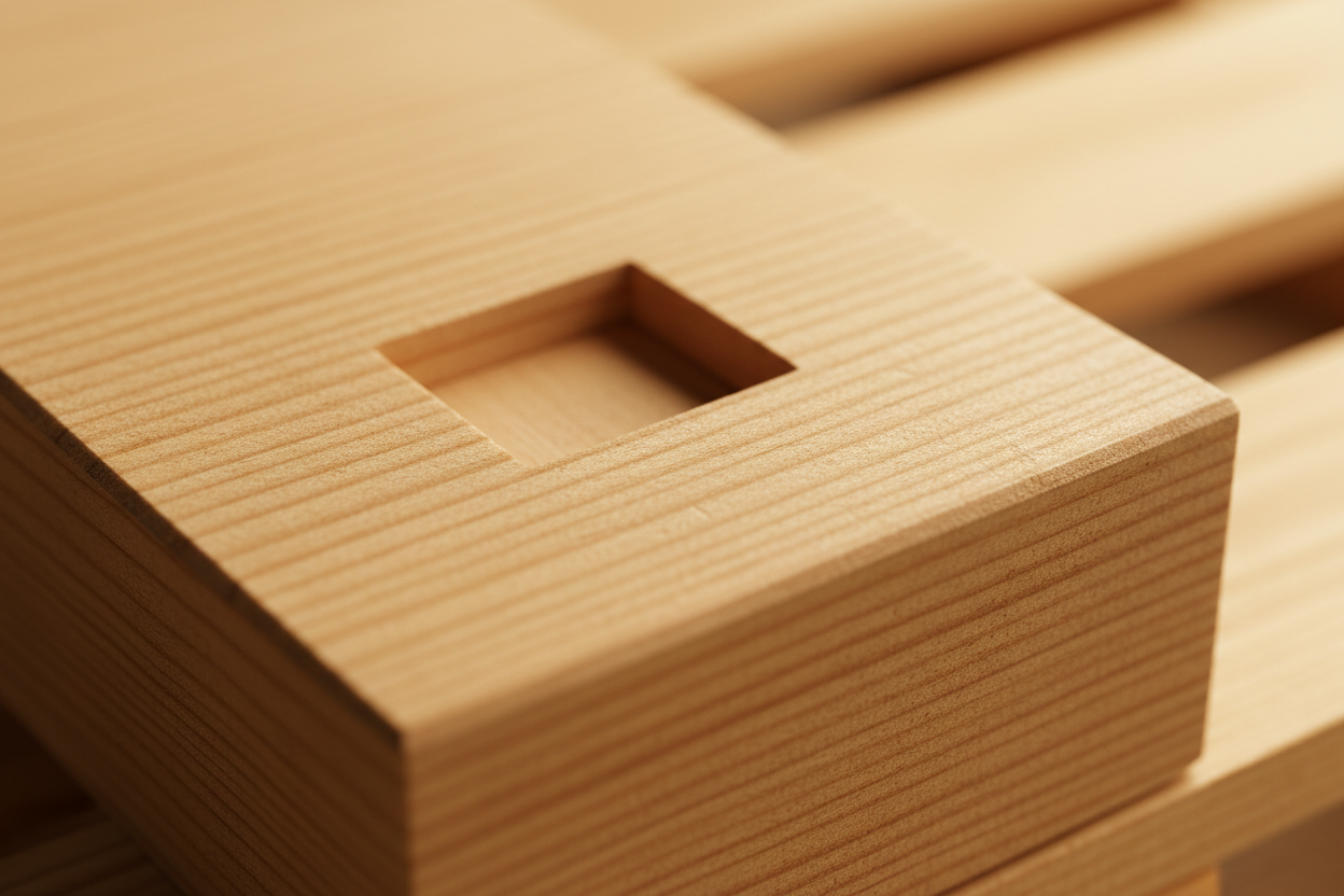 Close-up of custom RFID-cavity block with routed pocket on SPF pallet block