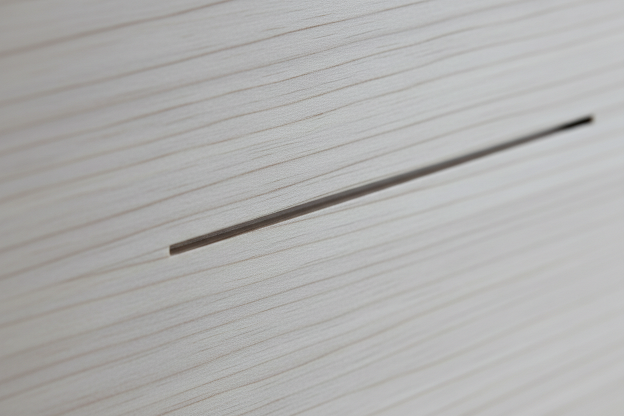 Close-up of hairline reveal joint on Contemporary Minimalist King Bed Frame headboard