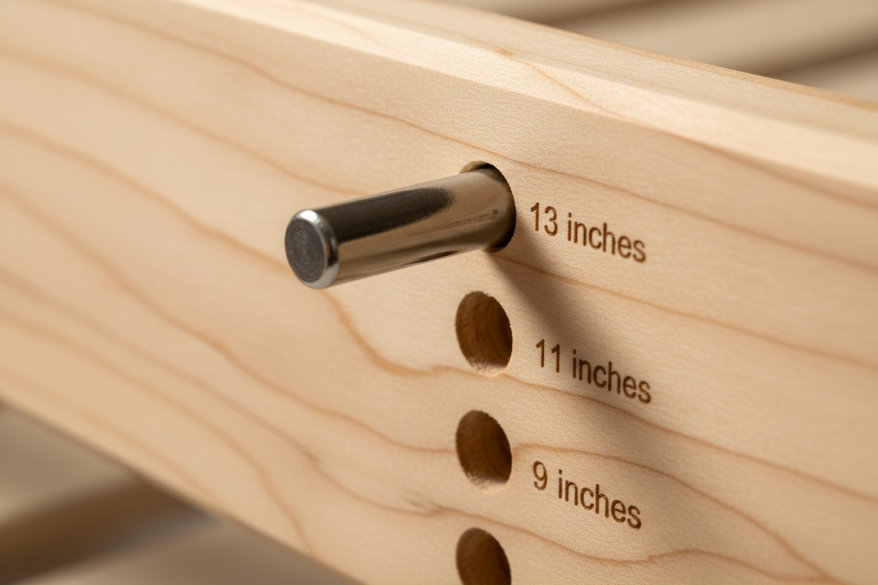 Close-up of pin-lock mechanism with etched height markings on SPF rail