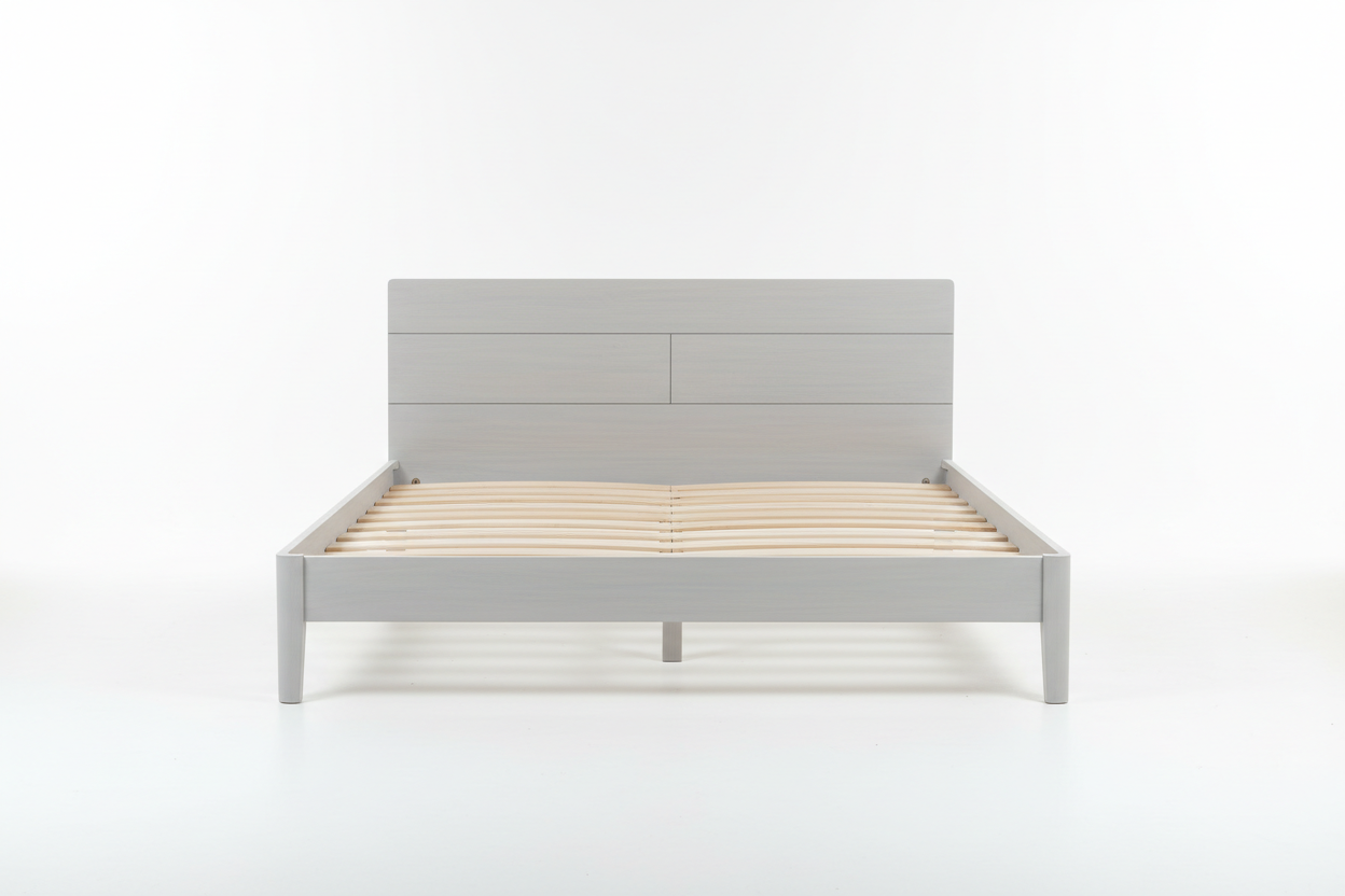 Contemporary Minimalist King Bed Frame studio shot showing low-profile silhouette and flush panel joints