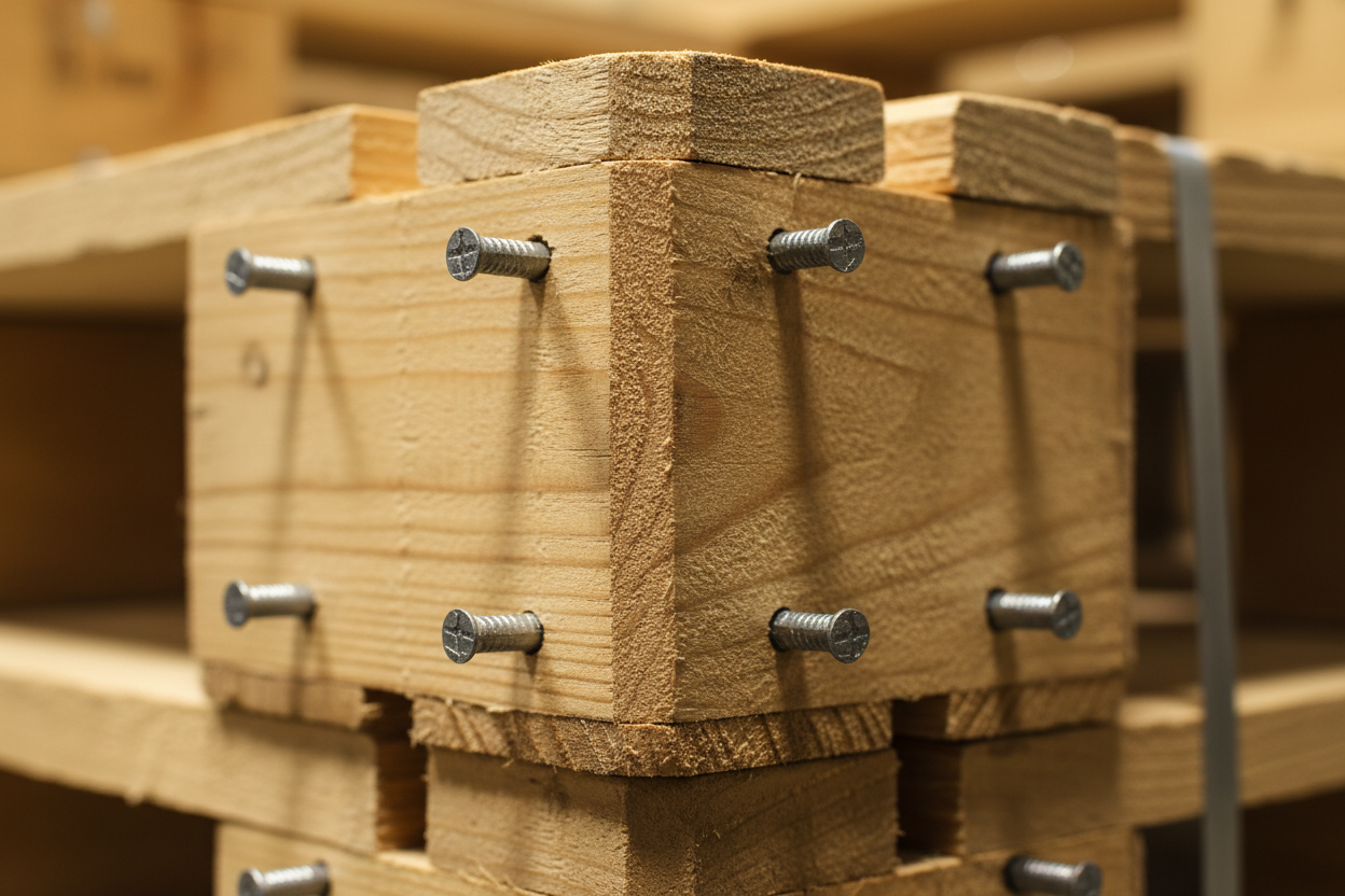 Close-up of corner block with spiral-shank nail heads on both top and bottom faces