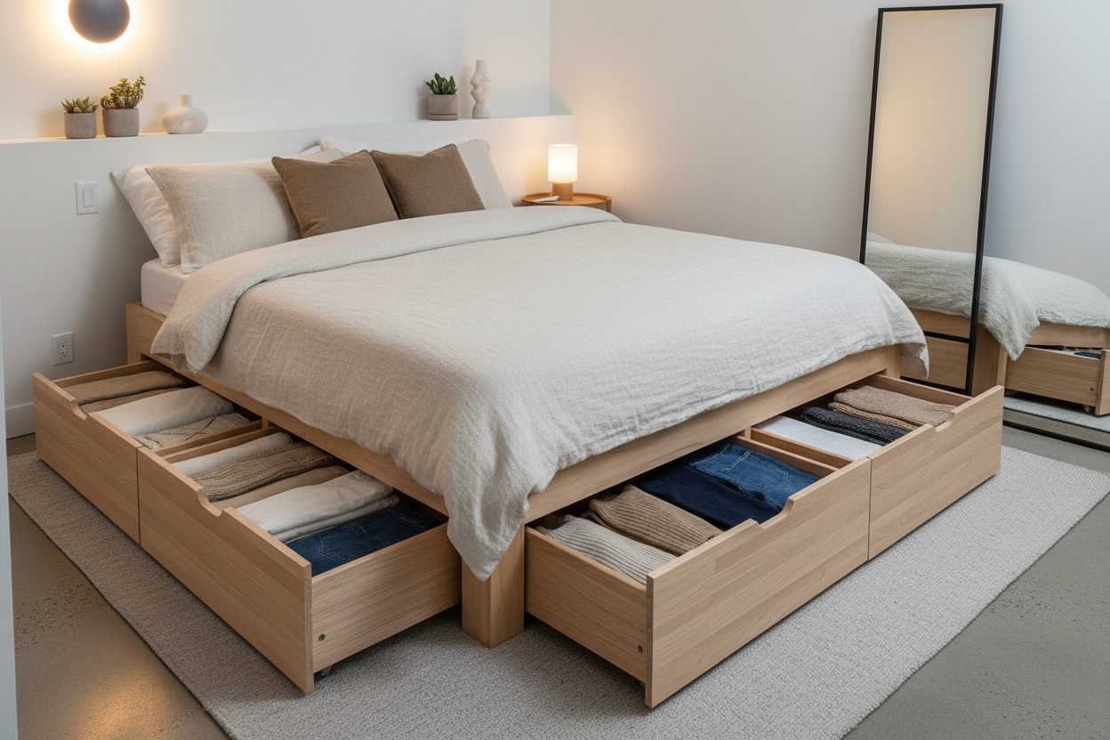 Queen Platform Storage Bed in urban apartment bedroom with organized drawers