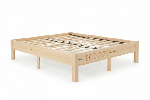 Adjustable-Height Full/Queen Bed Frame at mid-height with pin-lock mechanism visible