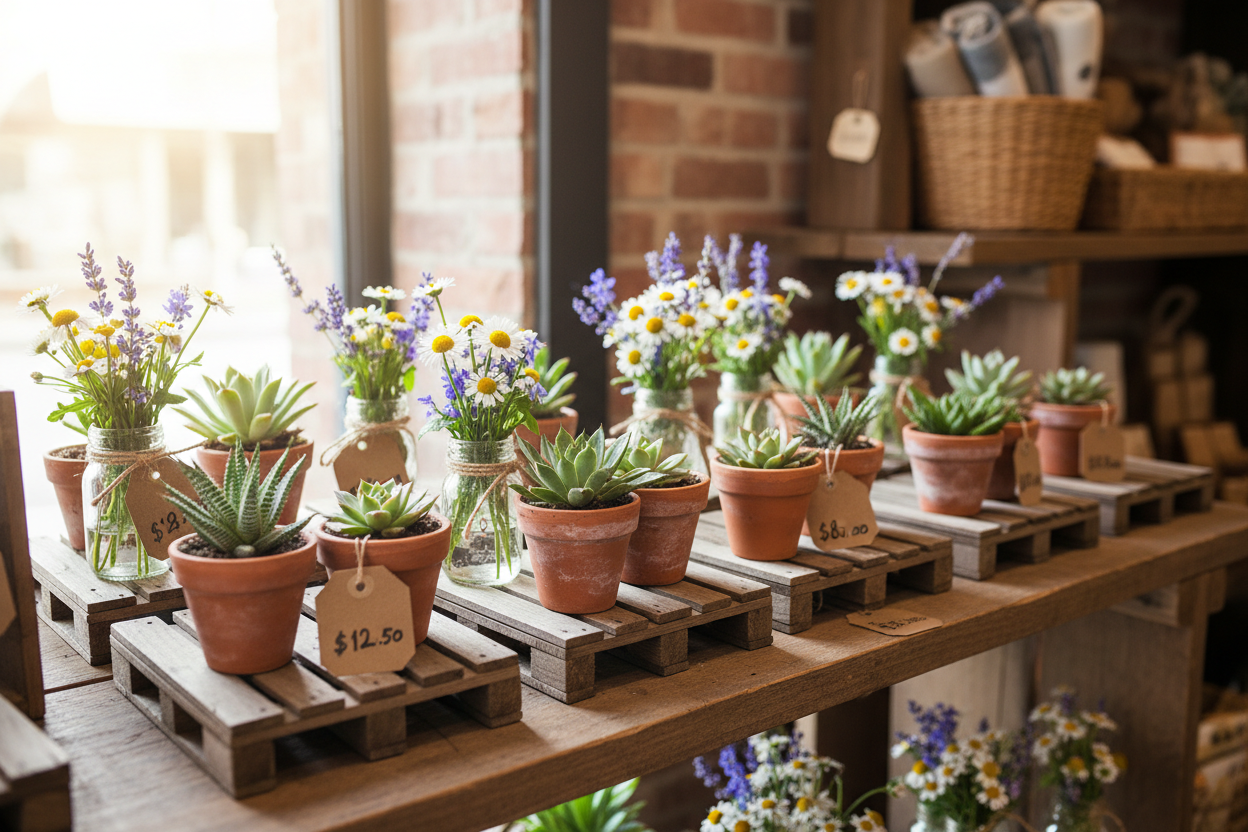 Mini Pine pallets on rustic retail display with succulents and mason jars