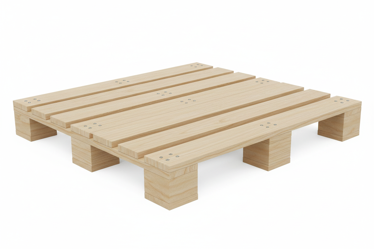 Heavy-duty SPF block pallet elevated view showing 9-block grid foundation